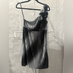 Love Black and Silver One-Shoulder Pleated Dress with Rosette